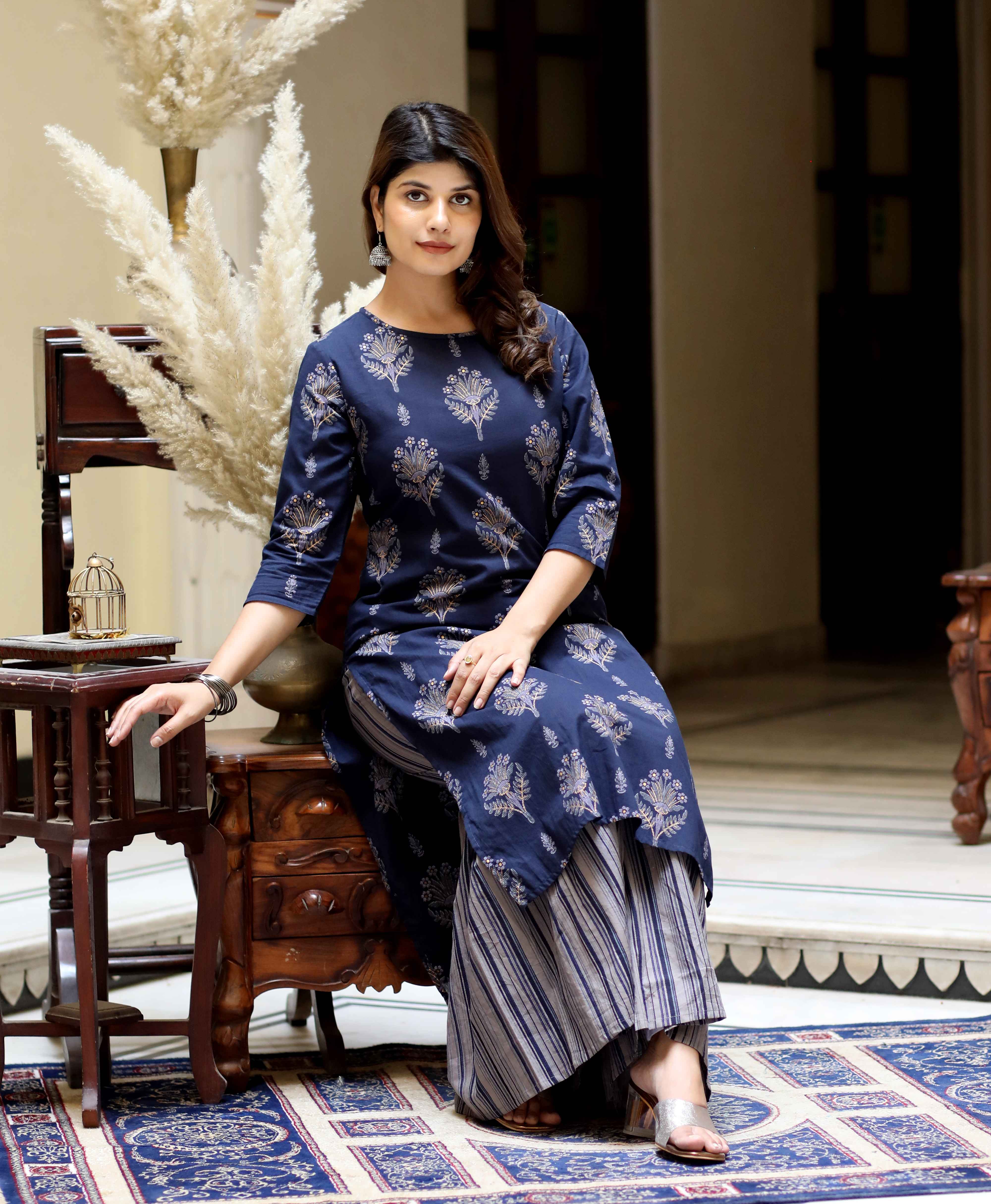 Blue Floral Cotton Kurta with Grey Sharara Set